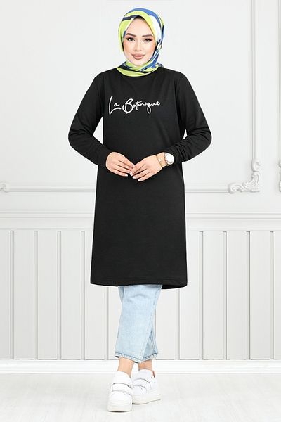 ModaMerve Ασημί γράμματα Hijab Tunic - 798OZR1047-M Μαύρο