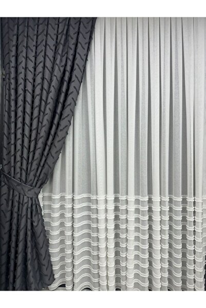 Taç Çapraz Saçak Fonluk Pamuklu Keten Koyu Gri Fon Perde 1/3 Sık Pile Tek Kanat