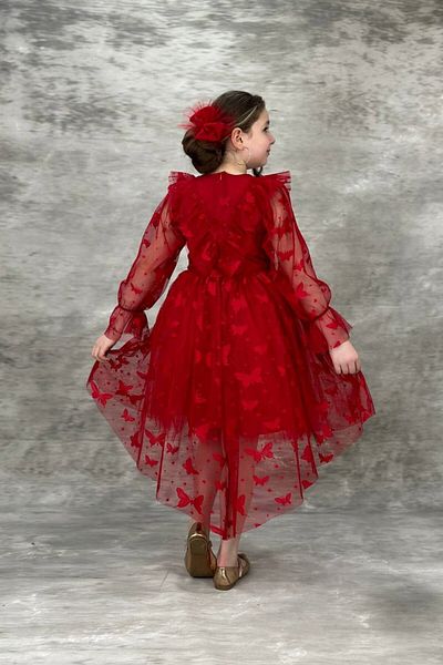 ABİYEKİDS Long Sleeve Red Children's Evening Dress with Butterfly Print Train Waiter Boy 10/13 Years Old Aby825