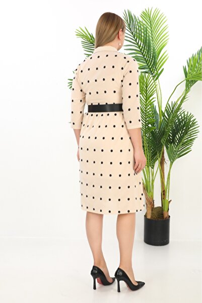 etselements Μπεζ διπλό γιακά και πουά φόρεμα με ζώνη 7087