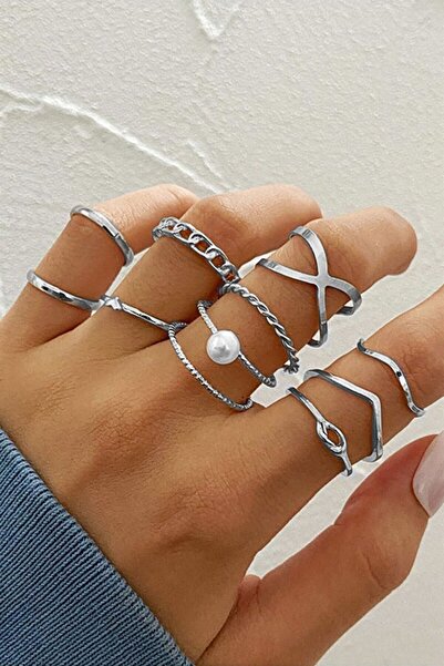 Ervalina مجموعة من 11 خاتمًا بتصميم لؤلؤي وخاتم مشترك