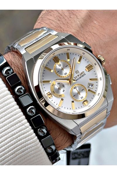 Reward Gold Silver Color Steel Case Cord Business Series Men's Wrist Watch+Bracelet