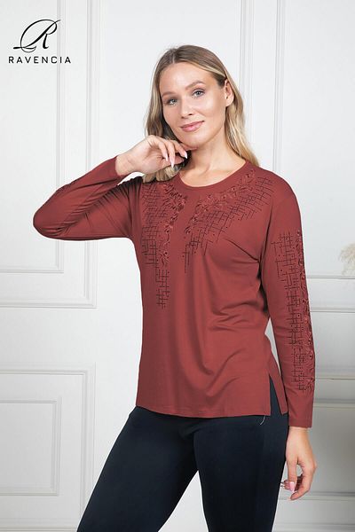 Ravencia Bluză din bumbac pieptănat pentru femei de vârstă mijlocie și peste, țesătură din viscoză, cu modele florale, brodate cu piatră, lycra