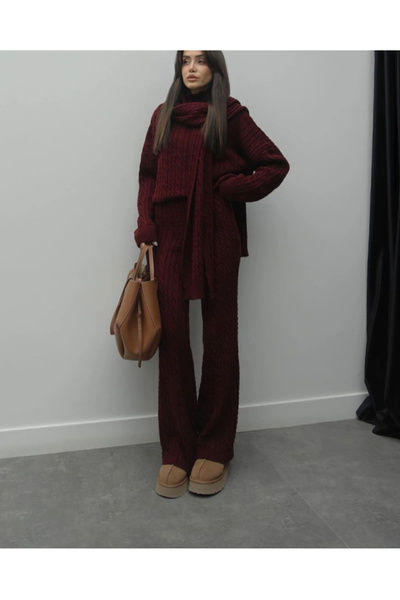 Bak'ap Premium Hair Braided Scarf Sweater Trousers 3-Piece Knitwear Set