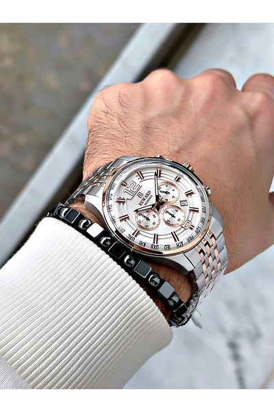 Reward Silver Color Steel Case Cord Business Men's Wrist Watch+Bracelet