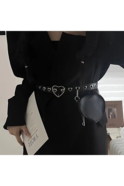 GlassySKY Curea de modă în stil punk și geantă de talie mini cu inimă detașab...