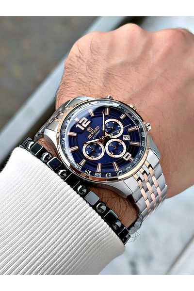Reward Silver Color Steel Case Cord Business Men's Wrist Watch+Bracelet