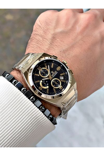 Reward Gold Color Steel Case Cord Business Series Men's Wrist Watch+Bracelet