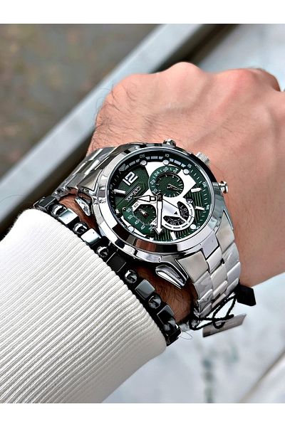 Reward Silver Color Sports Function Steel Band Men's Wrist Watch + Bracelet