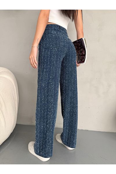 alanora Pantaloni de damă, albaștri, cu detaliu cu pumn, cu design special, cu picioare largi