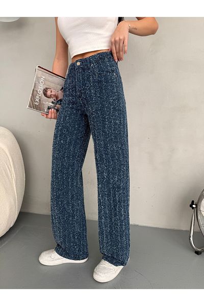 alanora Pantaloni de damă, albaștri, cu detaliu cu pumn, cu design special, cu picioare largi