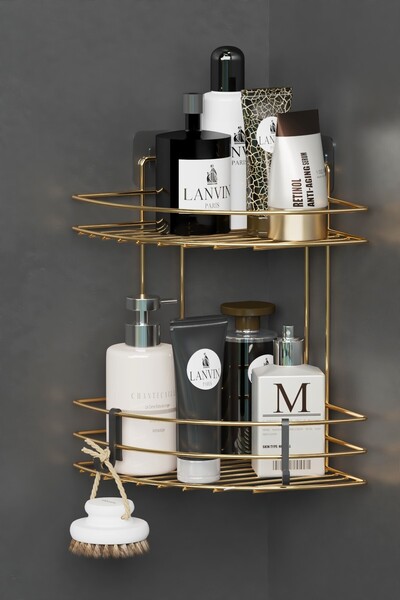 wearme Home Altın Kaplama Yapışkanlı 2 Katlı Banyo Köşeliği Köşe Rafı Duş Şam...