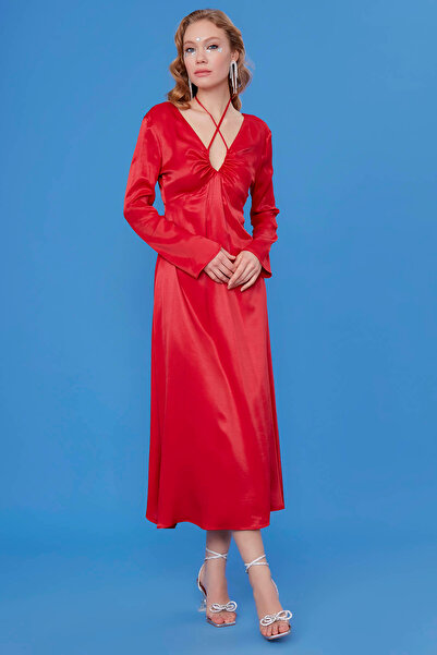 Vitrin Long Satin Dress with Deep V-Neckline