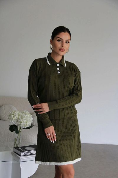 Julidress Green Khaki White Stripe Polo Collar Sweater and Mini Skirt Bottom Top Knitwear Set