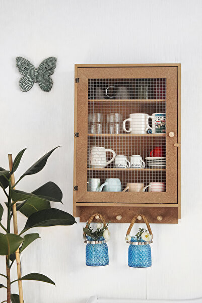 AN'GE Ahşap, Ham Mdf, Boyanabilir, Tek Kapaklı Çıkabilir Raflı Telli Dolap, Terek, Bardaklık, Baharatlık