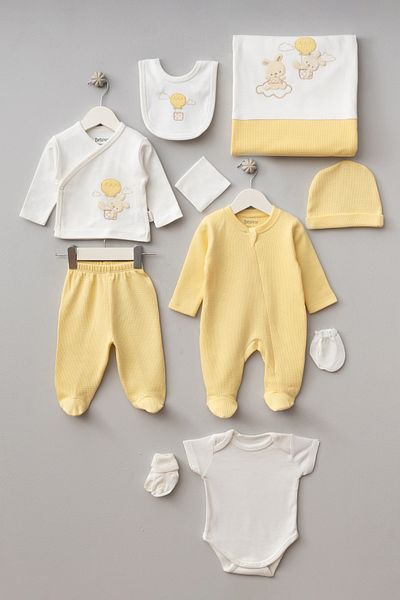 Bebitof Balloon Rabbit Patterned 10-Piece Boxed Newborn Hospital Discharge Bodysuit Set