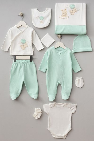 Bebitof Balloon Rabbit Patterned 10-Piece Boxed Newborn Hospital Discharge Bodysuit Set