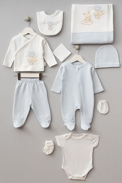 Bebitof Balloon Rabbit Patterned 10-Piece Boxed Newborn Hospital Discharge Bodysuit Set