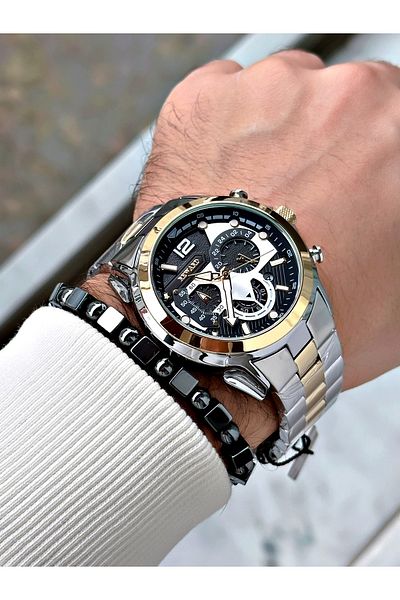 Reward Gold Silver Color Sports Function Steel Band Men's Wrist Watch + Bracelet