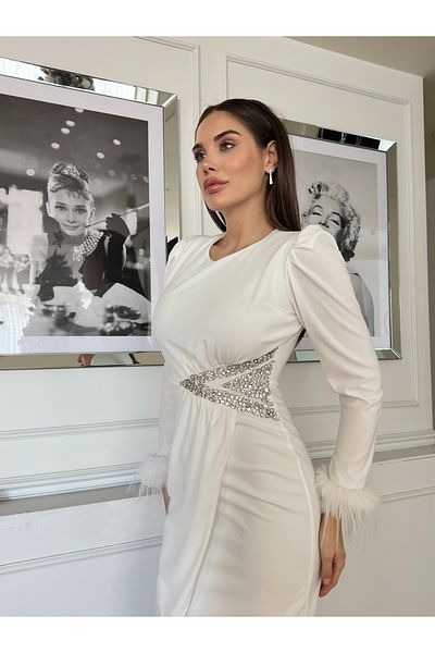 1Moda1Tarz Πλαϊνό Κεντημένο Κρεπ Ύφασμα - Φόρεμα Ειδικού Σχεδιασμού με Λεπτομέρεια Otriş και Σχισμές
