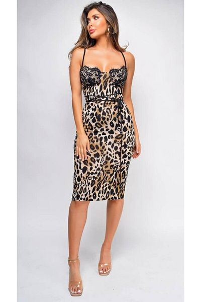 Kokosh moda Γυναικείο φόρεμα με λουράκι από ύφασμα μονό ζέρσεϊ με ψηφιακή λεοπάρ στάμπα με δαντέλα