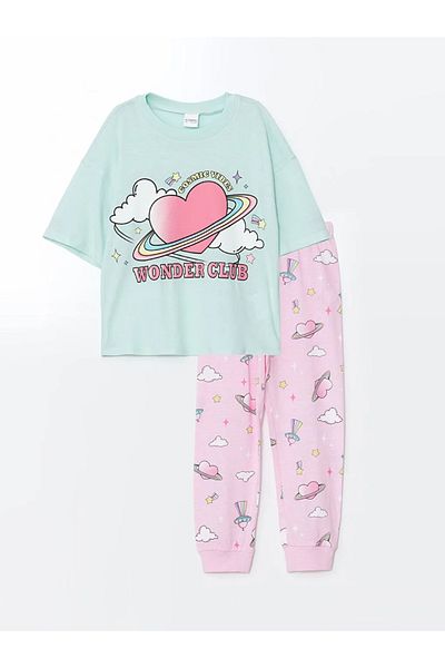 LC Waikiki Set de pijamale pentru fete LCW Kids Blue Crew Deck