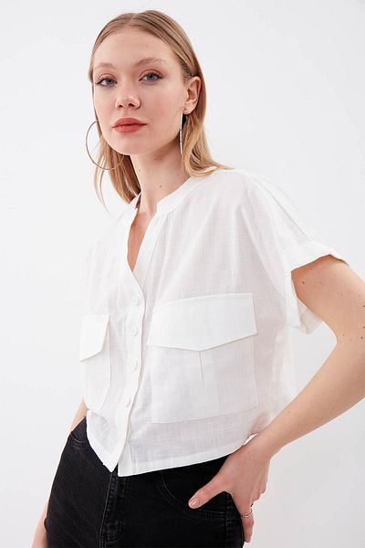 Vitrin Viscose Linen Crop Shirt with Flap Pocket