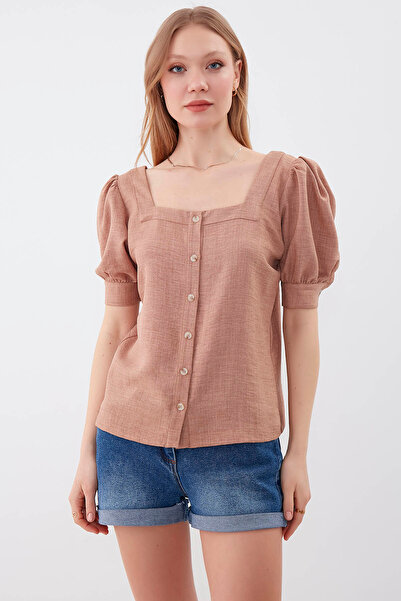 Vitrin U Yaka Balon Kol Düğmeli Bluz