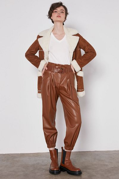 Vitrin Belted Leg Elastic Faux Leather Trousers