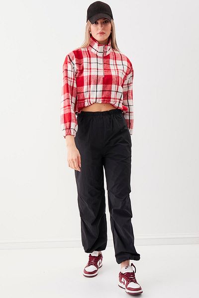 Vitrin Zippered High Collar Plaid Pattern Sweat