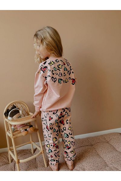 patriko tekstil Pink Leopard Printed 2 Threads Girl's Bottom Sweatshirt Suit