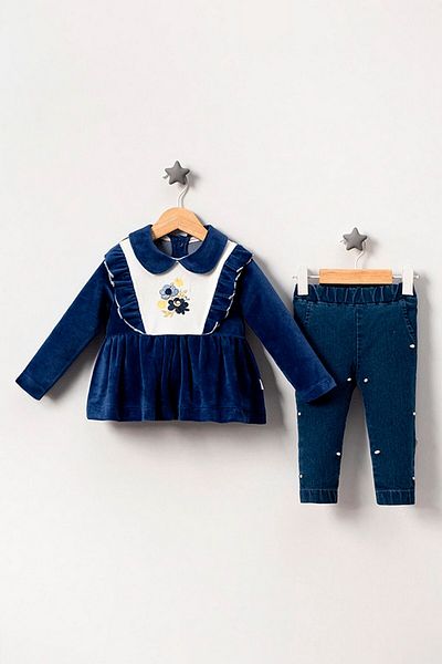 VALERY Baby Girl Dark Blue Double Bottom Top Set with Pearl Pants