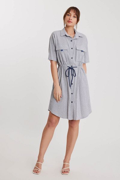 Vitrin Short Sleeve Striped Dress with Drawstring Waist