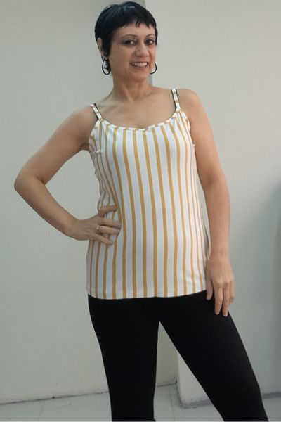 Mertcan Butik White Mustard Striped String Strap Combed Cotton Viscose T-Shirt