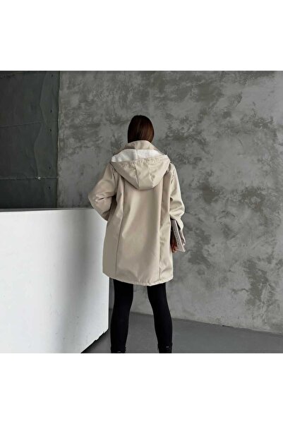 Zeliza Moda Evi Kapüşonlu Çift Cepli Fermuarlı İçi Peluş Kürk Dışı Bondit Kumaş Kadın Trençkot Kadın Mont