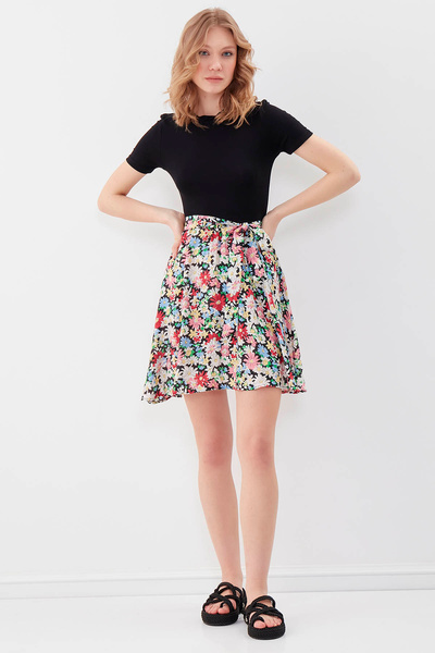 Vitrin Round Neck Skirt Patterned Short Sleeve Dress