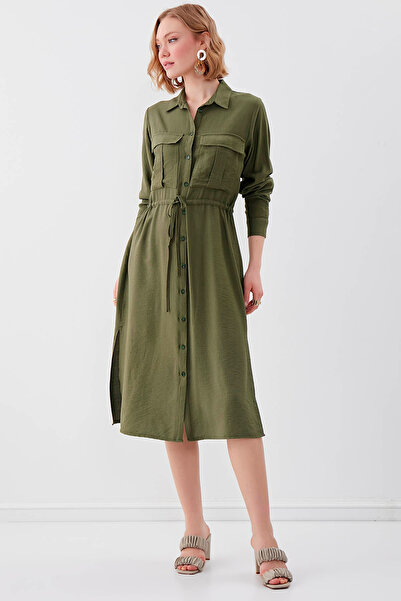 Vitrin Beli Bağlamalı Çift Cep Gömlek Elbise