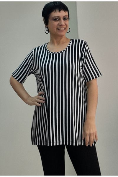Mertcan Butik Black and White Stripe Short Sleeve Combed Cotton Viscose T-Shirt