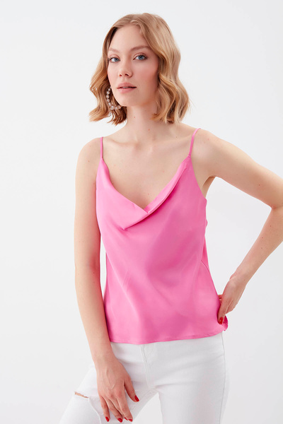 Vitrin Degaje Collar Satin Blouse with Rope Strap