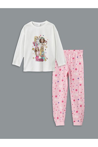 LC Waikiki Σετ παιδικής πιτζάμα LCW Kids White Crew Neck για κορίτσια
