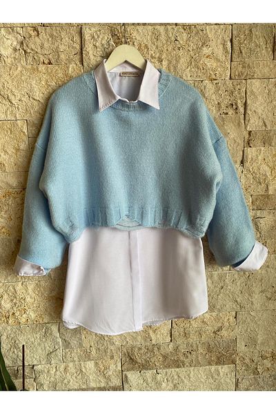 Hatun Atila HatunAtila 2414 Model Blue Tricot Pulover scurt