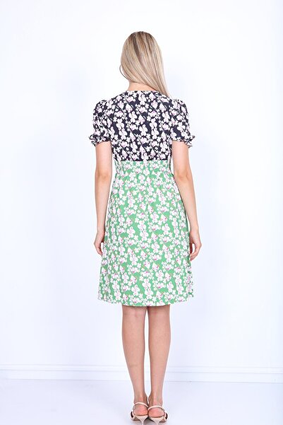 Vitrin V-Neck Garnished Floral Pattern Dress