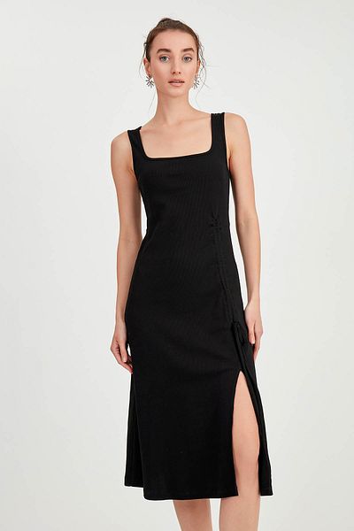 Vitrin Knitted Dress - Thick Straps, Gathered Front and Slit