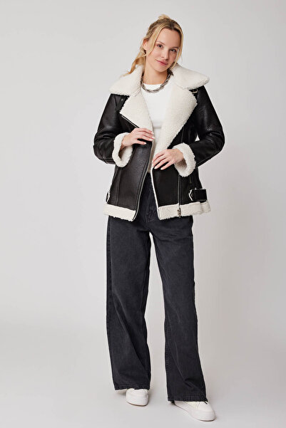 Vitrin Suni Deri Kürklü Biker Ceket
