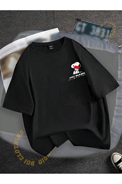 Boi Snoopy Lovely Cep Λεπτομερής Oversize Χαλαρή Κοπή Φαρδιά T-Shirt - Μαύρο Λευκό Κοντομάνικο Ριχτό Λαιμό