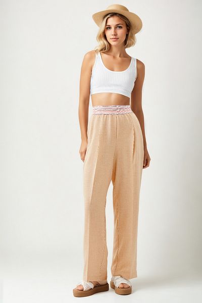 Vitrin Patterned Elastic Waist Wide Leg Trousers