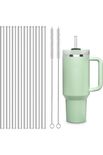 madamina 8Pcs Flat Glass Straws and 2Pcs Brush for Stanley Adventure Quencher - 31cm