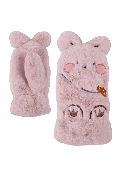 İşnar Çocuk Peluş Eldiven 3-4 Yaş Tavşan Tüylü Çift Kat Eldiven 6 Renk Parmak...