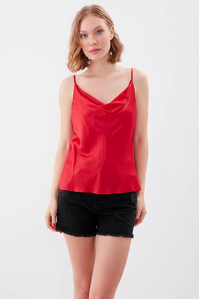Vitrin Degaje Collar Satin Blouse with Rope Strap