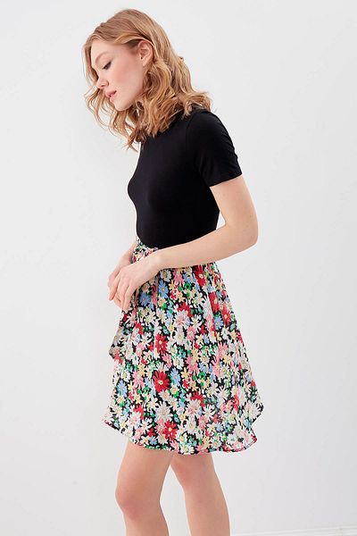 Vitrin Round Neck Skirt Patterned Short Sleeve Dress